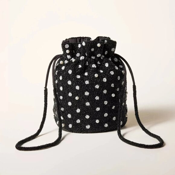 Kate Spade x Target Black & White Beaded Polka Dot Drawstring Bucket Bag - Picture 1 of 4
